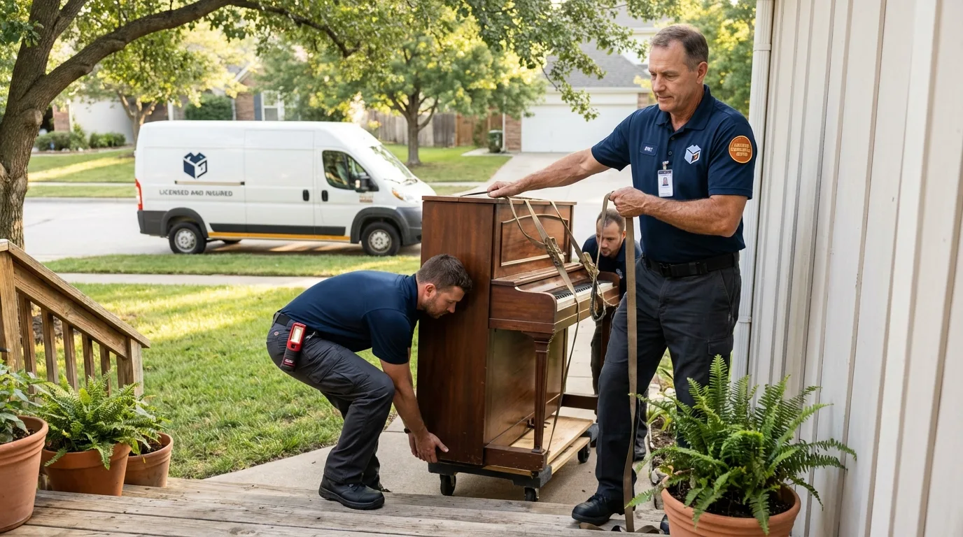 Licensed piano movers securing grand piano in Nappanee, IN