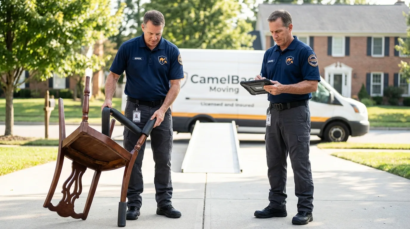 Movers inspecting furniture for damage prevention before loading in Nappanee, IN